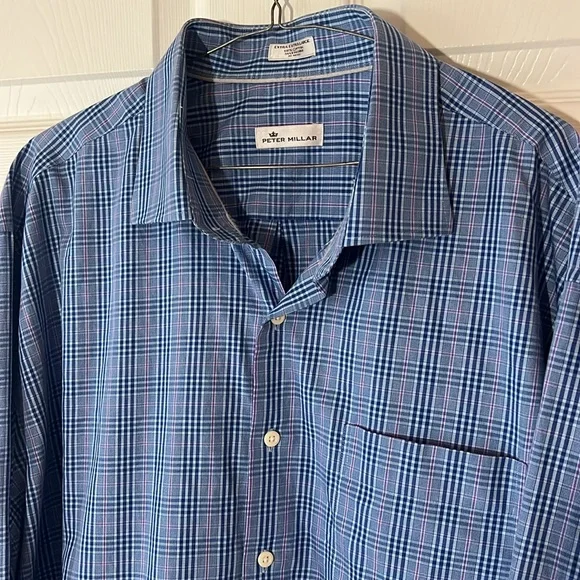 Peter Millar 100% Cotton Blue Plaid Button Down‎ Long Sleeve Dress Shirt, Sz XXL - Picture 3 of 11